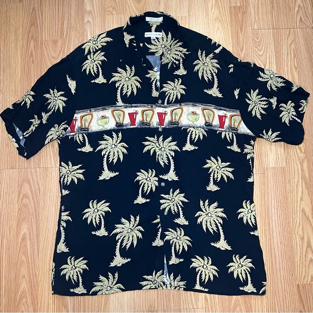 Vintage Pierre Cardin Black Button Up Mens L  Drinks Hawaiian Vacation 90s Shirt